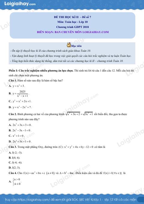Đề thi học kì 2 Toán 10 - Đề số 7